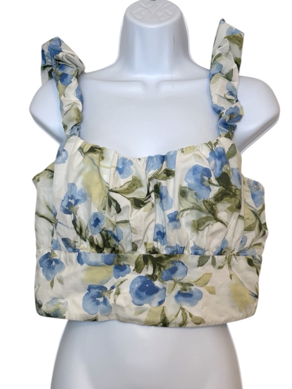 Abercrombie & Fitch Blue Floral Smocked Crop Ruffle Strap Bustier Tank